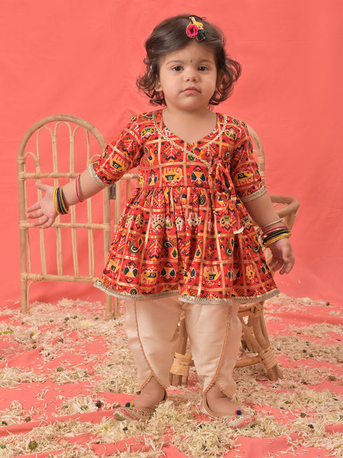 Girl's Red Angrakha Style Patola Print Kurta Dhoti Set
